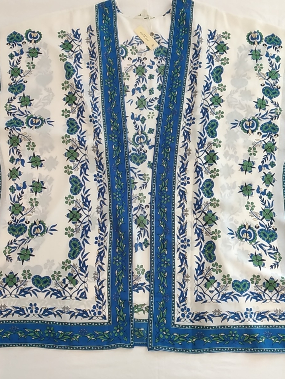 Max Studio Boho Poncho Size L Blue, Green Floral Print Resort Beach Cottagecore